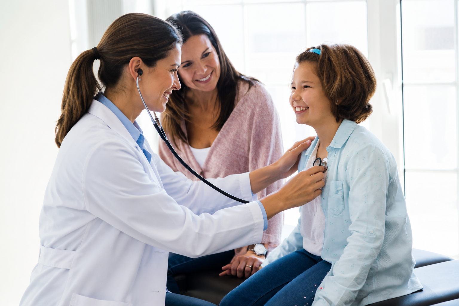 A doctor listening to a smiling child's heart while their mother looks on